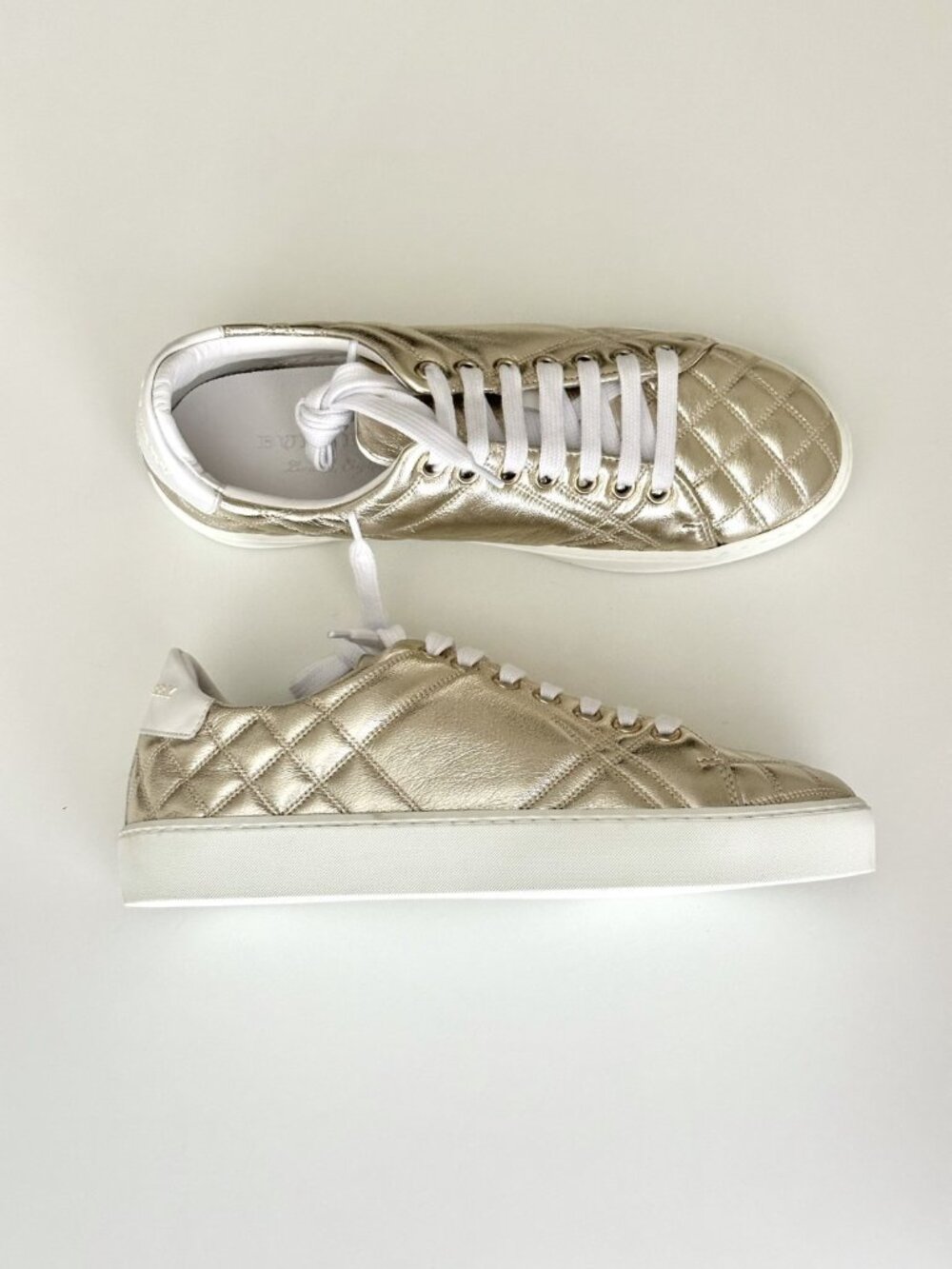 NEW BURBERRY Metallic Champagne Quilted Leather Low Top Sneakers Size 38